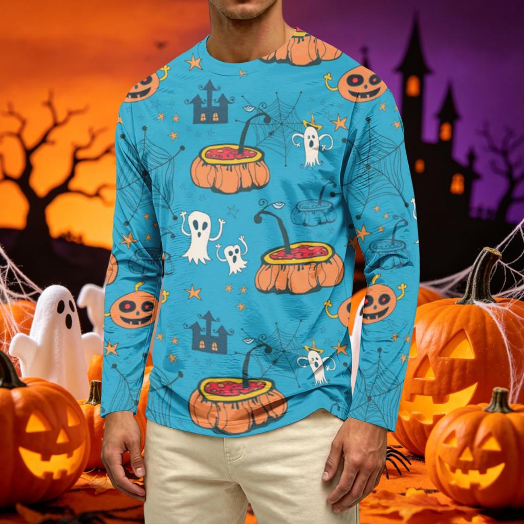 Men's Long Sleeve Casual T-Shirt Crew Neck Printed Halloween Pumpkin Pattern Top Comfortable Fit Lightweight Fabric