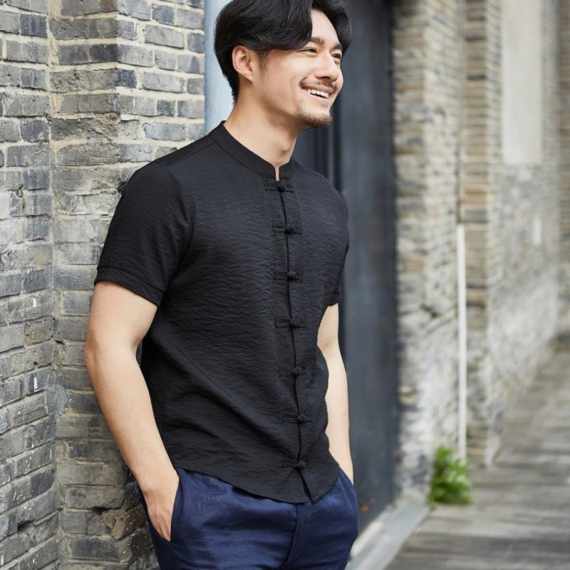 2025 Men's Slim Fit Chinese Style Short Sleeve Shirt with Frog Button and Stand Collar