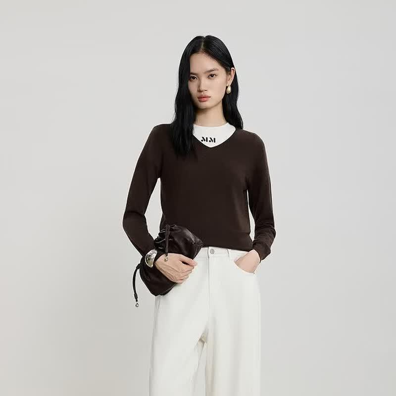Gejin V-neck Slim Fit Long-sleeved Knit Sweater S