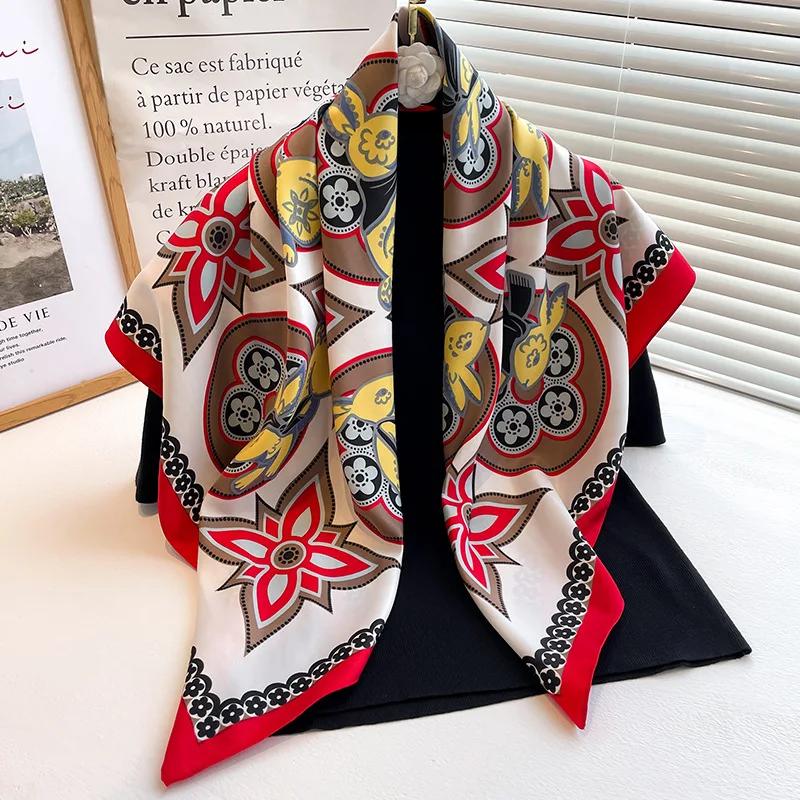 90*90cm Silk Scarf Scarftop Headwraps For Woman Fashion Four Seasons Hair Accessories Hijab Foulard Bandana Femme Headscarf90*90