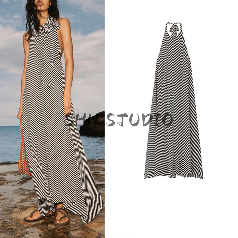 Summer New Product Women's Clothes Bowknot Decoration Elegant Stripes Hanging Collar Open Back Long A- line Dress 3828717