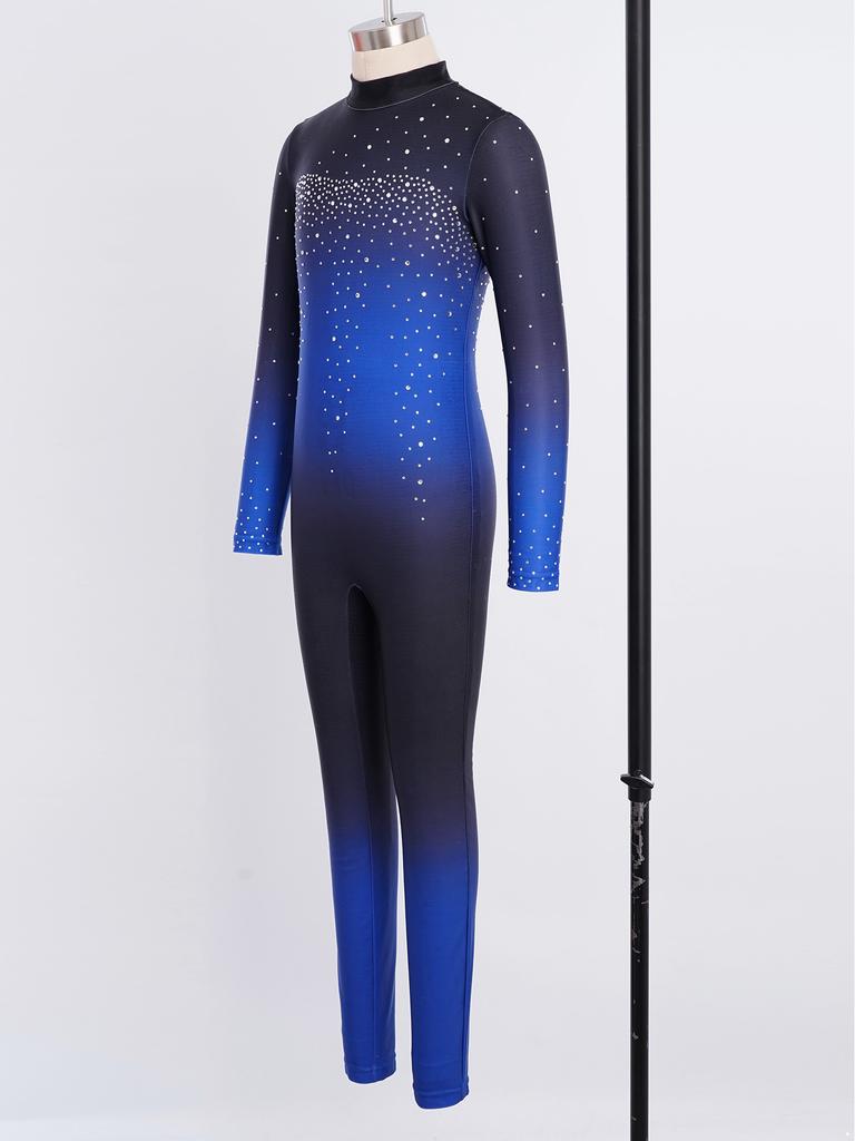 Kids Girls Asymmetrical Rhinestone Ballet Dance Leotard Sheer Mesh Gymnastics Jumpsuit Full Body Suit Figure Skating Dancewear