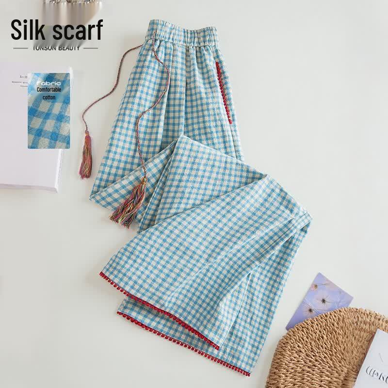 Women s Pure Cotton Plaid Wide-Leg Pants L