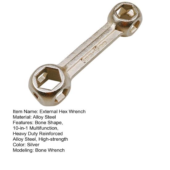 10-in-1 Bicycle Hex Wrench 6-15mm Bone Shape Hexagon Repair Tool External Hexagonal Wrench Heavy Duty Reinforced Alloy Steel