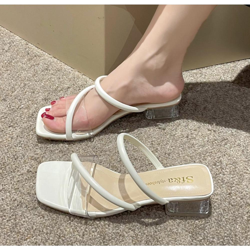Women Sandals Ladies Square Heels Elegant Summer Slippers Outside Cross Tied Leather Female Slides Woman Sandals