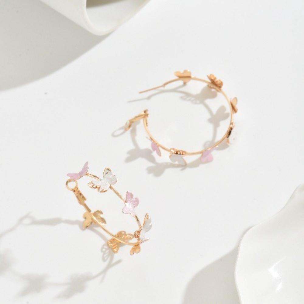 Trendy Round Circle Earrings Elegant Statement Jewelry Retro Butterfly Hoop Earrings Everyday Wear розовый