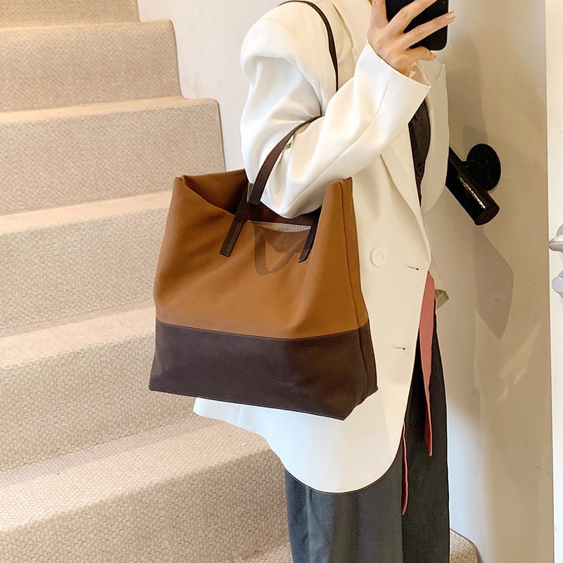 Ielgy Retro Contrast Color Large Capacity Tote Bag Portable Commuter Large Bag One Shoulder Underarm