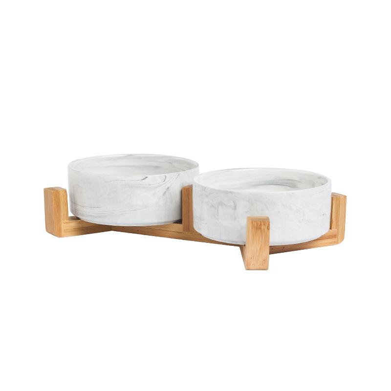 A Ceramic Pet Bowl with a Wooden Base Without Spillage Function Suitable for Dogs and Cats Double Layer Pet Ceramic Bowl