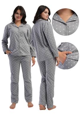 Women's Fleece Pajamas L Vienetta Long Pants and Long Sleeve Button-Up