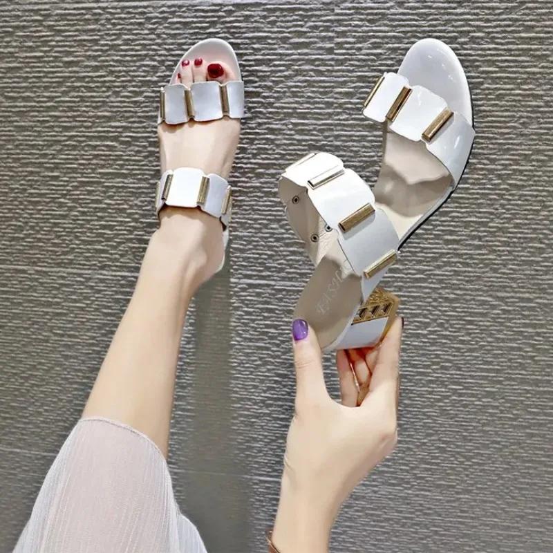 Women's High Heels Slippers 2024 Summer Sandals Lady Sexy Comfortable Shoes Female Cute Pu Leather Sandals Zapatos Mujer