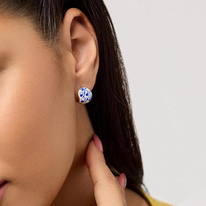 User Friendly Ceramic Ear Clip Blue Floral Pattern Dangle Earring Sturdy Copper Material Office And Casual Accessory