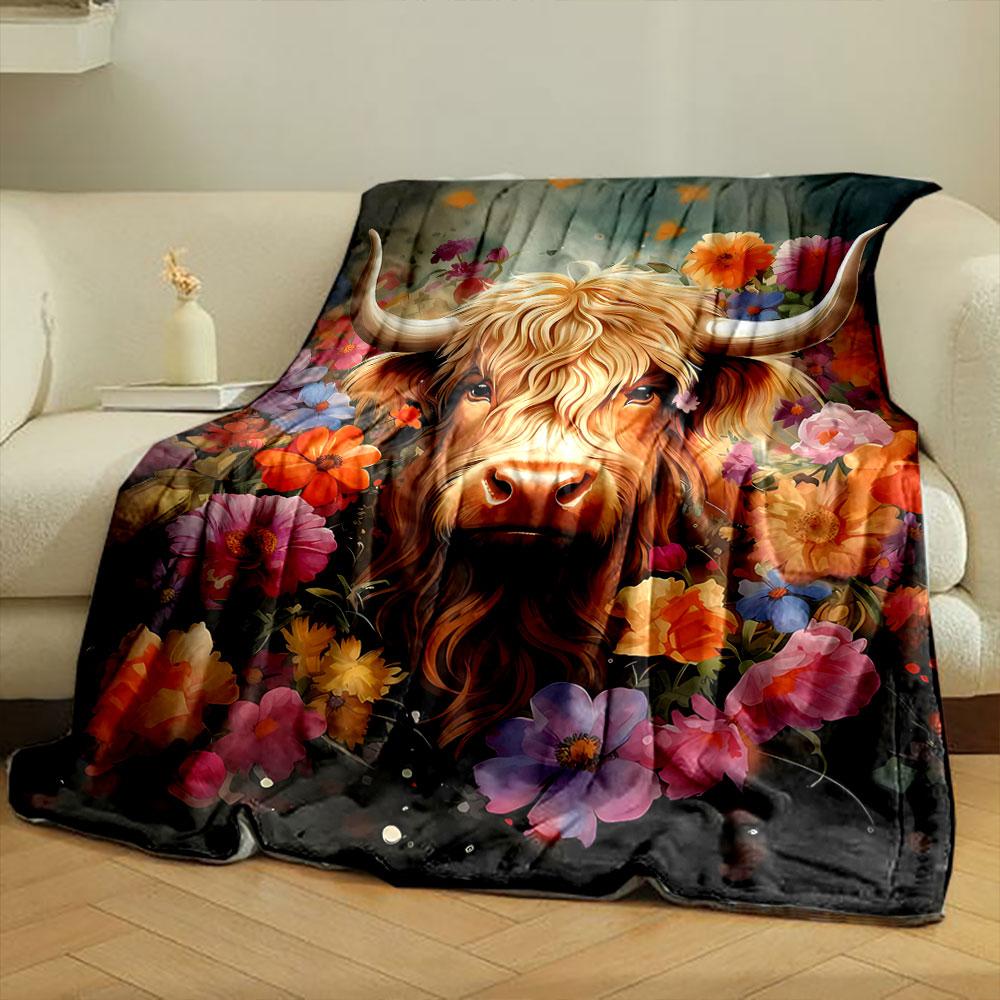 Highland Cow Floral Blanket bedroom Blanket for Livingroom Couch lunch break Soft throw for Friend's festival Gift