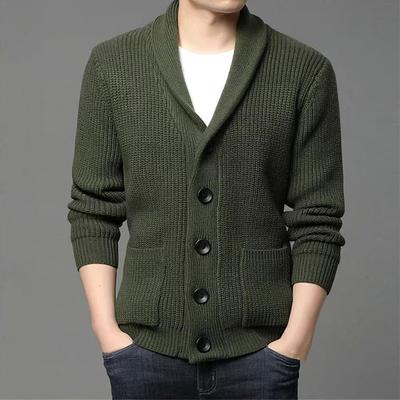 Herbst Winter Herren Dicke Knopf Strickjacke Grün Frucht Kragen Pullover V-Ausschnitt Einfarbig Lässiger Pullover