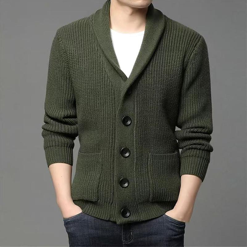 Autumn Winter Men's Thickened Button Cardigan Wool Sweater Green Fruit Collar Sweater Jacket V-neck Solid Color Casual Knitted Sweater