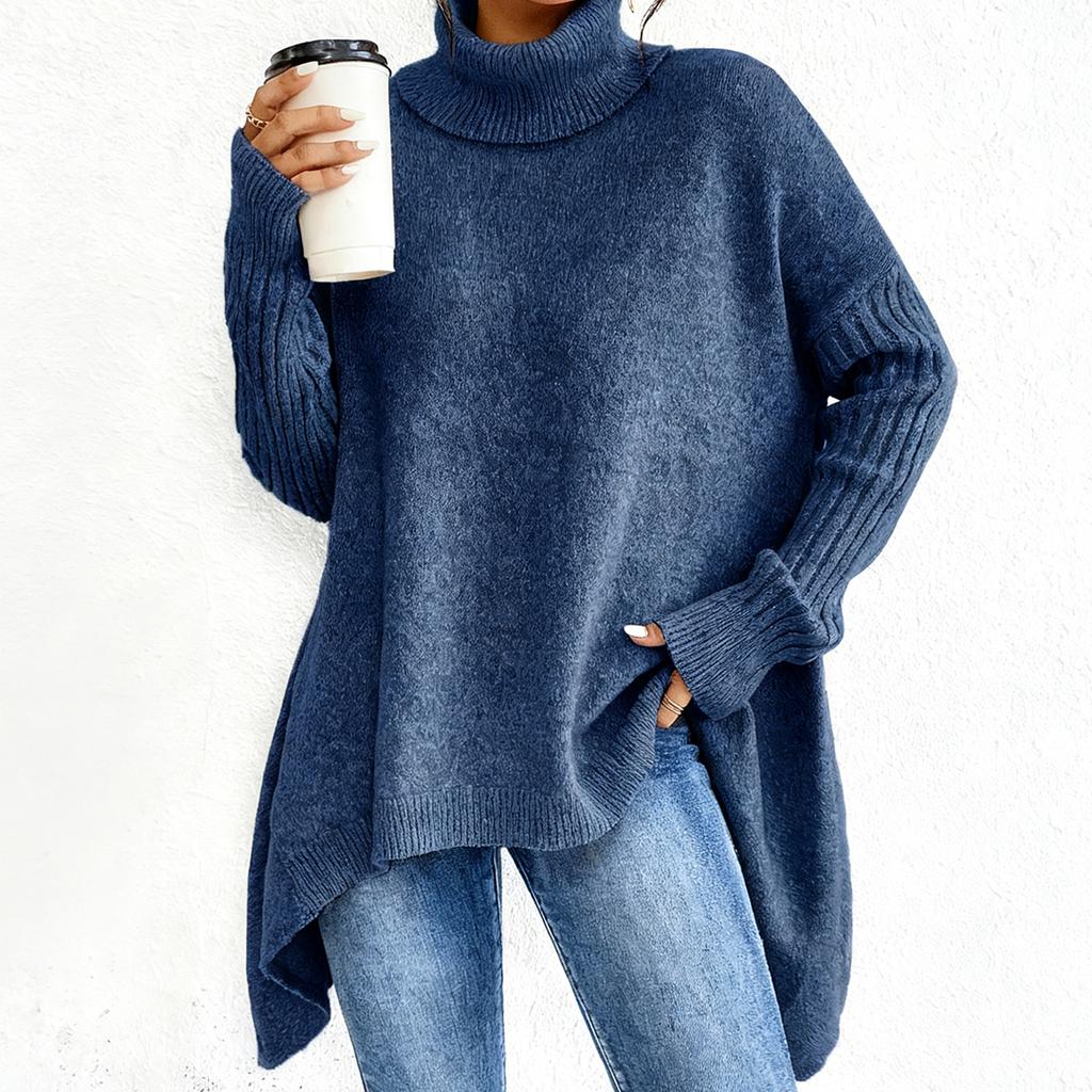 Dámský pohodlný volný módní ležérní svetr pulovr s vysokým krkem a spuštěnými rameny, silný úplet