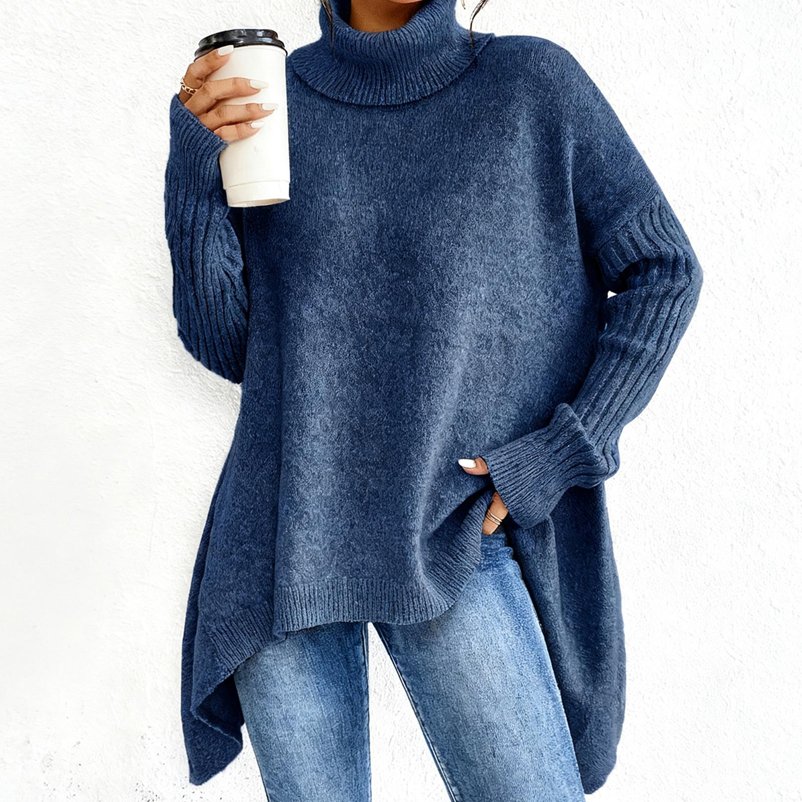 

Женский Удобный Свободный Модный Повседневный Спущенное Плечо Высокая Горловина Толстой Вязки Свитер Пуловер M тёмно-синий