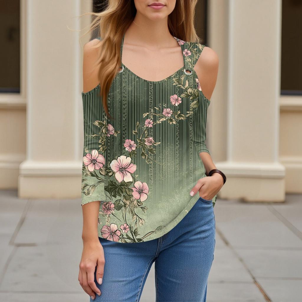 Women's Casual Shirt Blouse Print V-neck Sexy Cold Shoulder 3/4 Sleeve Top