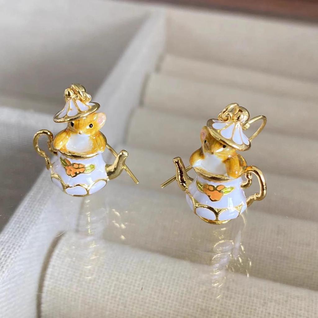 Trendy Chinese-Style Teacup Mouse Earrings: Playful, Chic, Personality-Driven Design for Women
