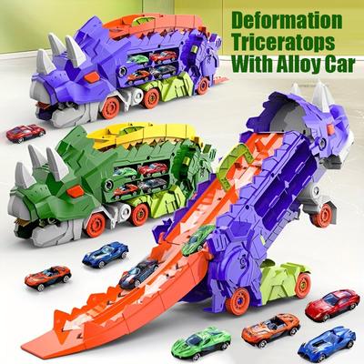 Triceratops Deformasyon Dinozor Araba Modeli Geri Çekilen Alaşım Araba Pist Otopark Fırlatma Katlanabilir Çocuk Eğitici Oyuncaklar