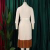 Fashion Full Sleeve Notched Neck Solid High Waist Belt Dress Women Autumn OffiAe Lady Pleated Long Africa Midi Dresses