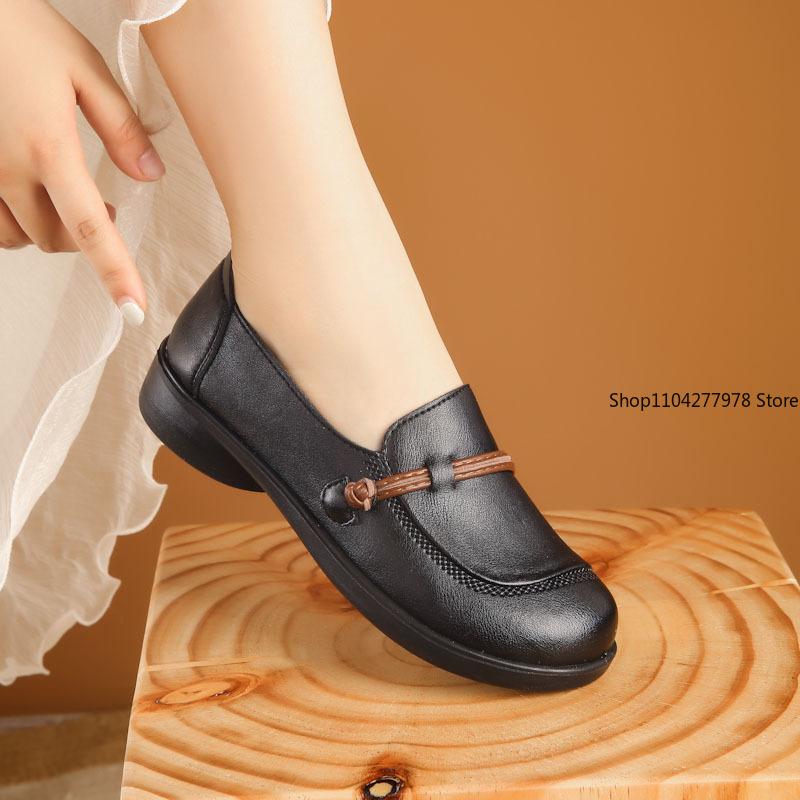 Fashion Pu Leather Soft Sole Soft Surface Mother Shoes Middle-aged and Elderly Women's Casual Single Shoes Pu Leather Flats