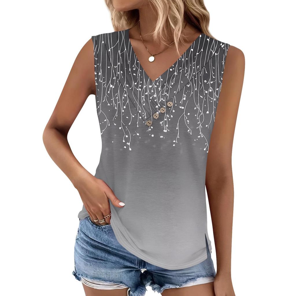 Women's Print Tank Top Button-down V-neck T-shirt Sleeveless Loose Fashion Top