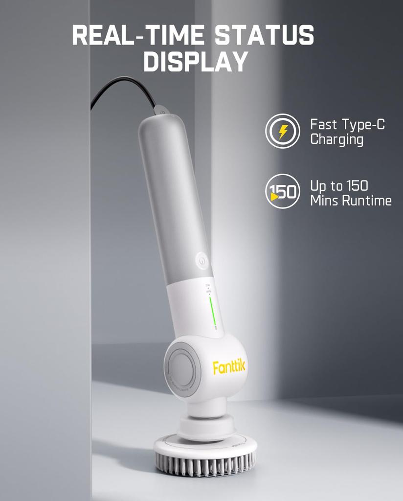 Fanttik Flip G9 Pro Electric Spin Bath Cleaner with 6 Adjustable Angle Telescoping IPX7 Bathroom Tile and Grout Cleaning White Scrubber, 2-Speed