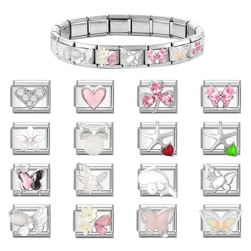 Zircon Bow Knot Starfish Flower Dolphin Italian Charm Links Fit 9mm Stainless Steel Bracelet Women Jewelry DIY Making Gifts