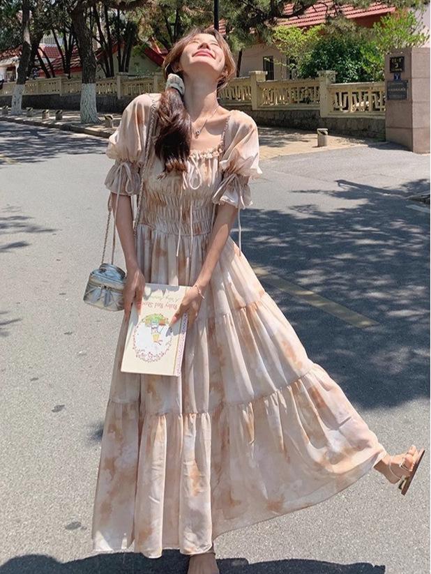 French Romantic Square Neck Floral Dress for Spring & Autumn 2026 - Gentle, Elegant, Long Fairy Vacation Dress