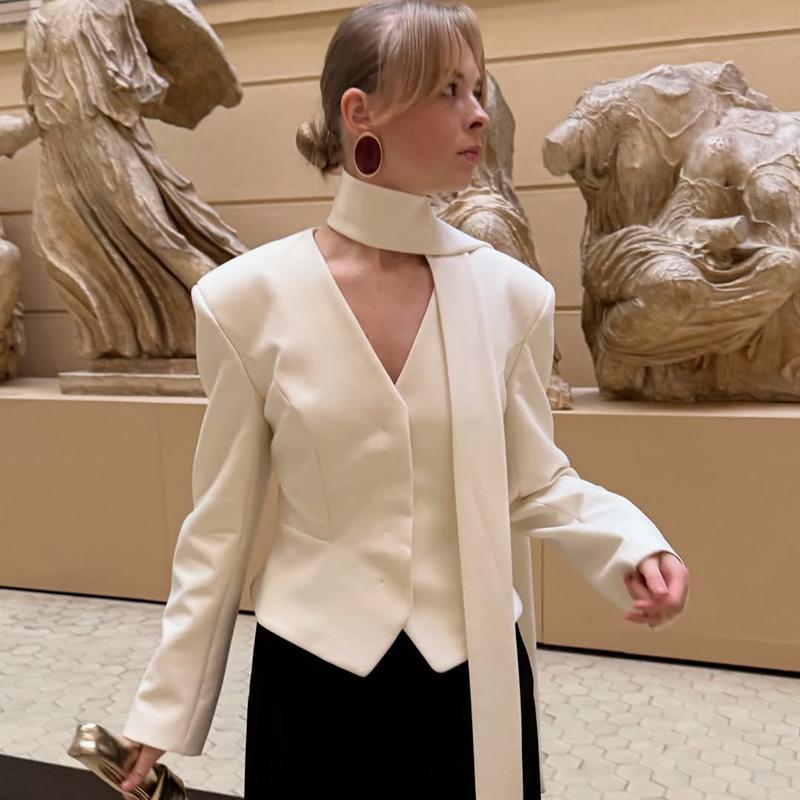 Casual Striped Blazer Coats Women 2026 Spring V Neck Scarf Lace Up Jackets Long Sleeves Coat Female Fashion High-End Formal Tailored Coat Outwear