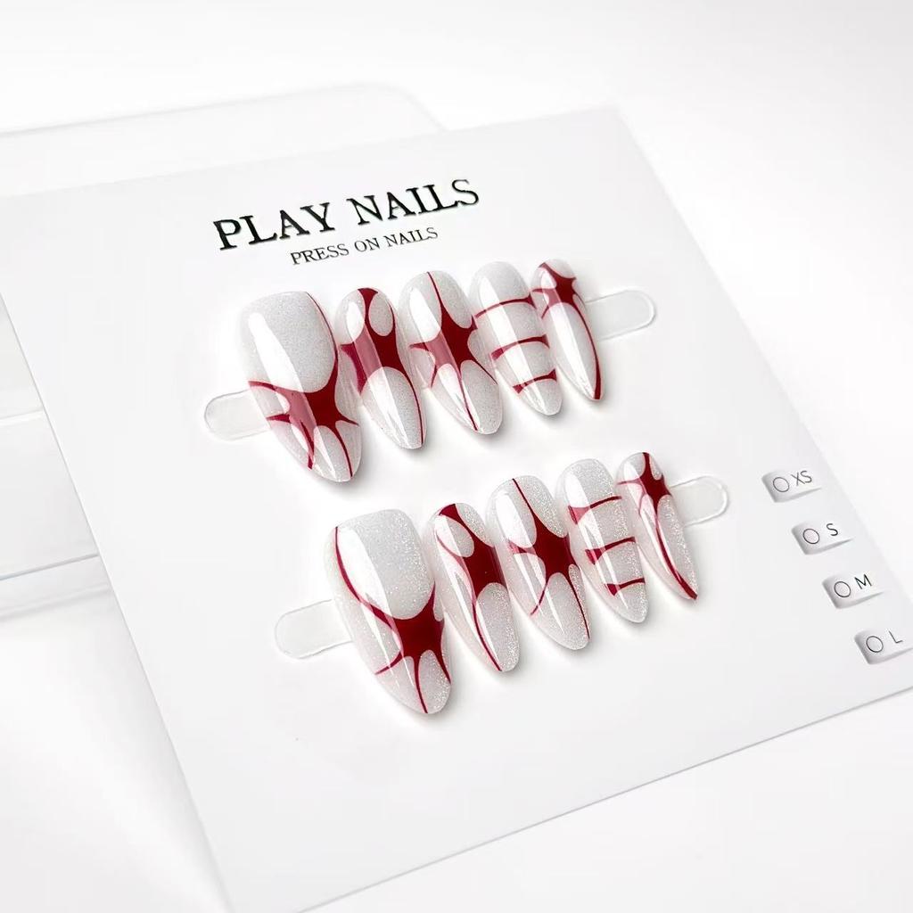 10 Pcs Red Line Almond Press On Nails Handmade Detachable False Nail Tips Halloween Fashion Fake Nails
