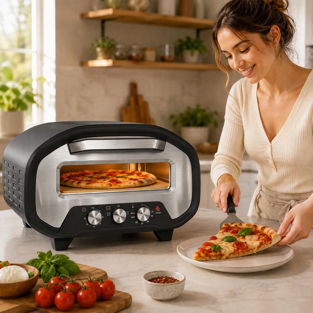 Indoor Electric Pizza Oven, 2200 W, Up To 430C, Ceramic Stone 30.5 Cm Diameter, 60-Min Timer, Black