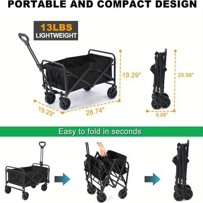 Collapsible Folding Beach Wagon Cart, Utility Large Capacity Cart Foldable Wagon with All Terrain Wheels, Grocery Wagon Cart