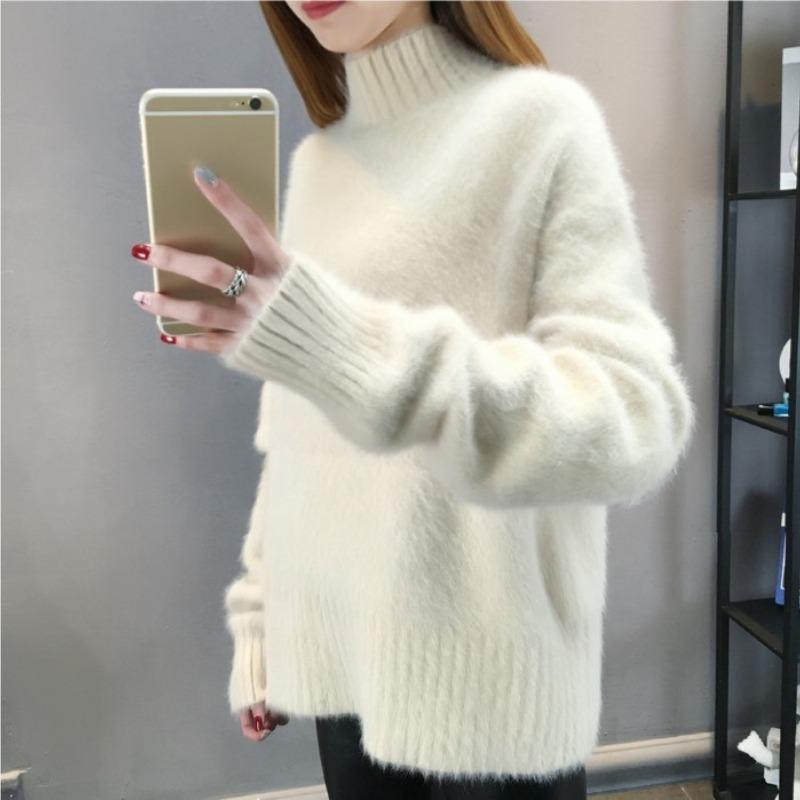 

2024 Осень Толстый бархат Теплый свитер-пуловер Женская зимняя одежда Модная свободная верхняя одежда с полувысоким воротом Трикотажные свитера Женские топы 25143 XXL