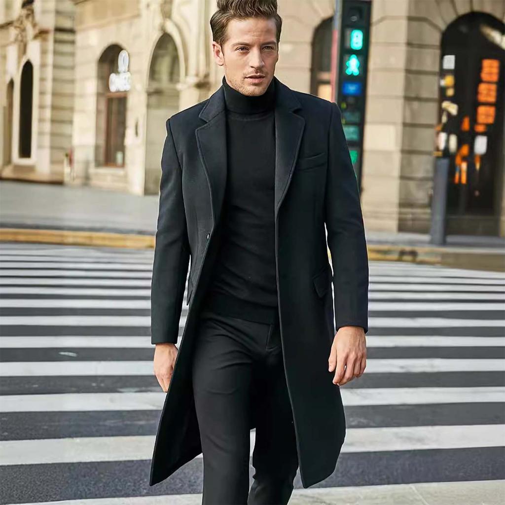 Herre Lang Ensfarget Enkeltkneppet Langermet Ullkåpe Casual Slim Trendy Vindjakke