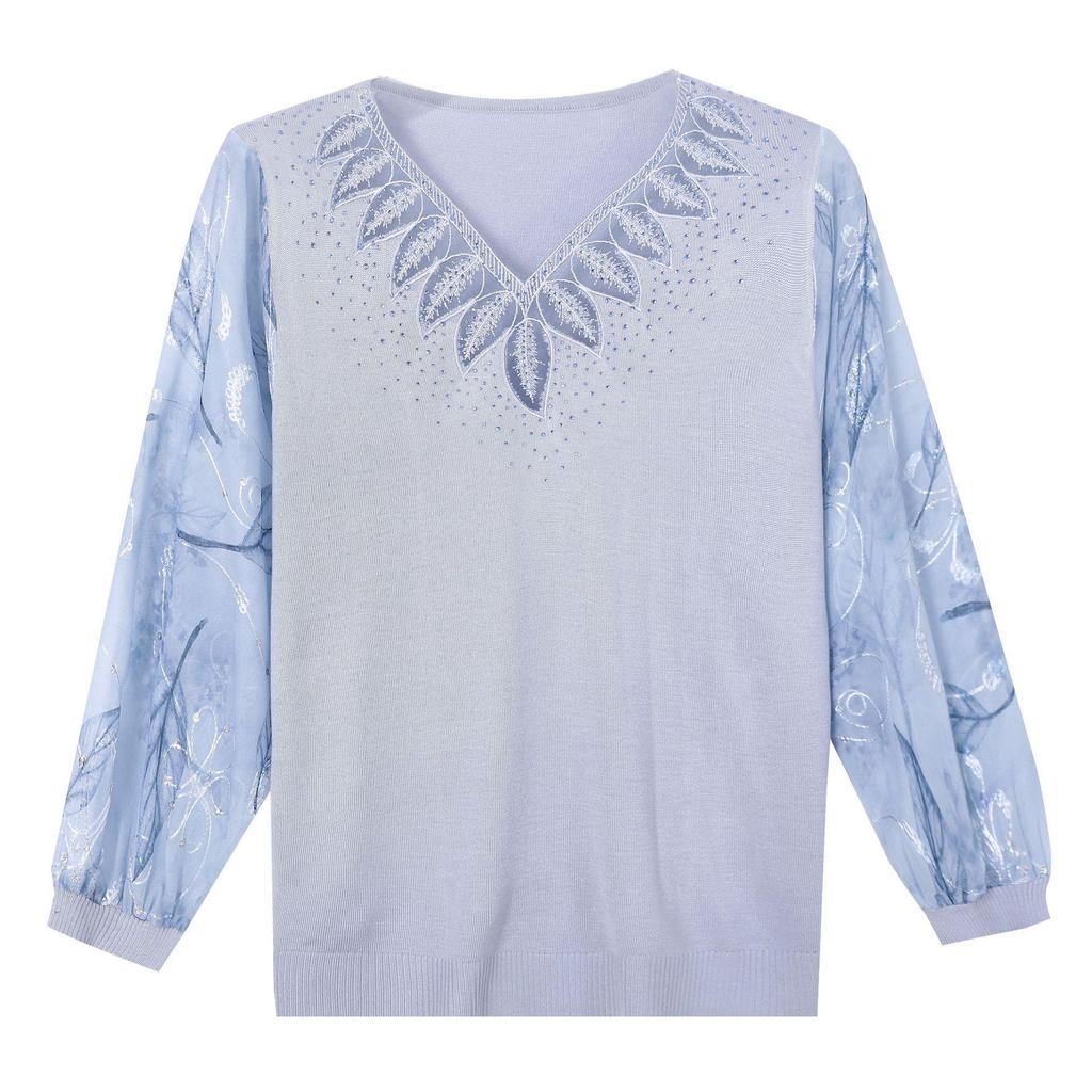 Mom's Spring V-neck Knit Top with Gauze Sleeves, Stylish Thin Layer for Middle-aged and Elderly Women.
