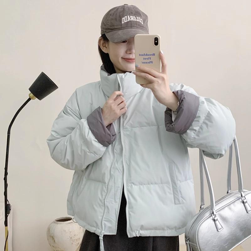 Women's 2025 Winter Korean Style Short Down Jacket, Thickened Stand-up Collar, Petite All-match White Duck Down Color Block Puffer.