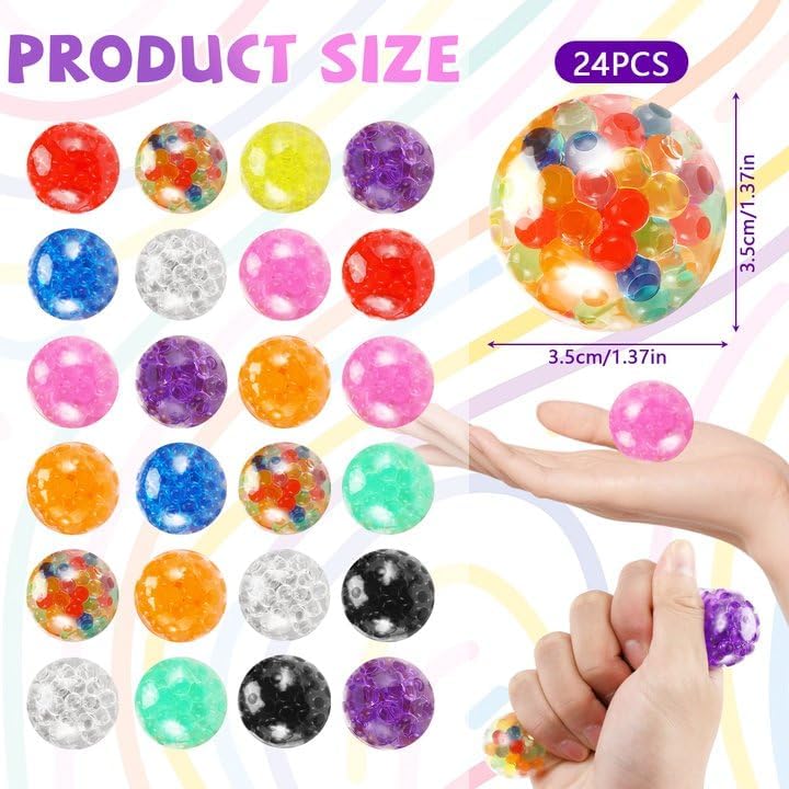 Anti-Stress Mini Squishy Balls 24 Pack 3.5 Cm Non-Toxic TPR Filled with Gel Beads Multicolor Stress Relief Toy for Kids and Adults