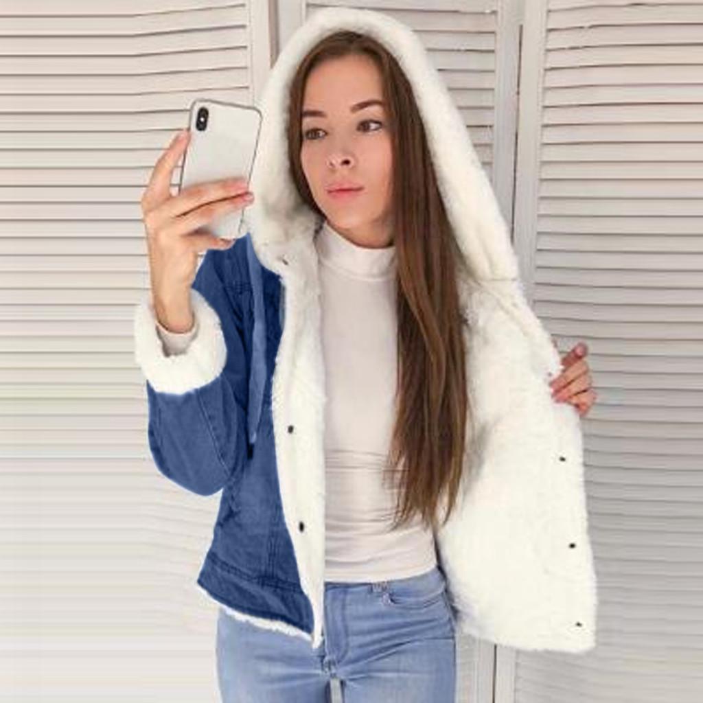 Jachetă de damă casual cu mânecă lungă din fleece denim, cu glugă și închizătoare cu capse, palton din blugi