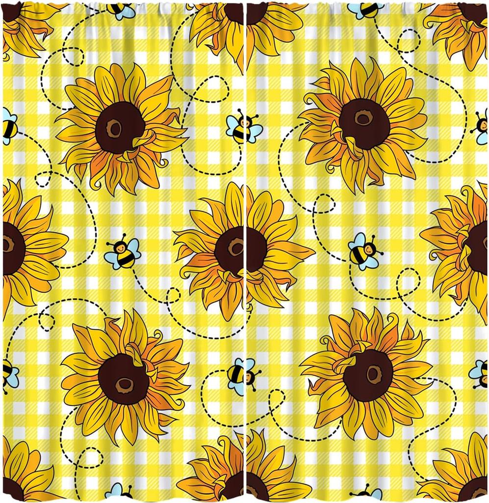 Rustic Honey Bee Curtains Honeycomb Daisy Floral Window Treatments Insulated Drapes Panel Sets Curtain With Rod Pocket Thermal Polyester