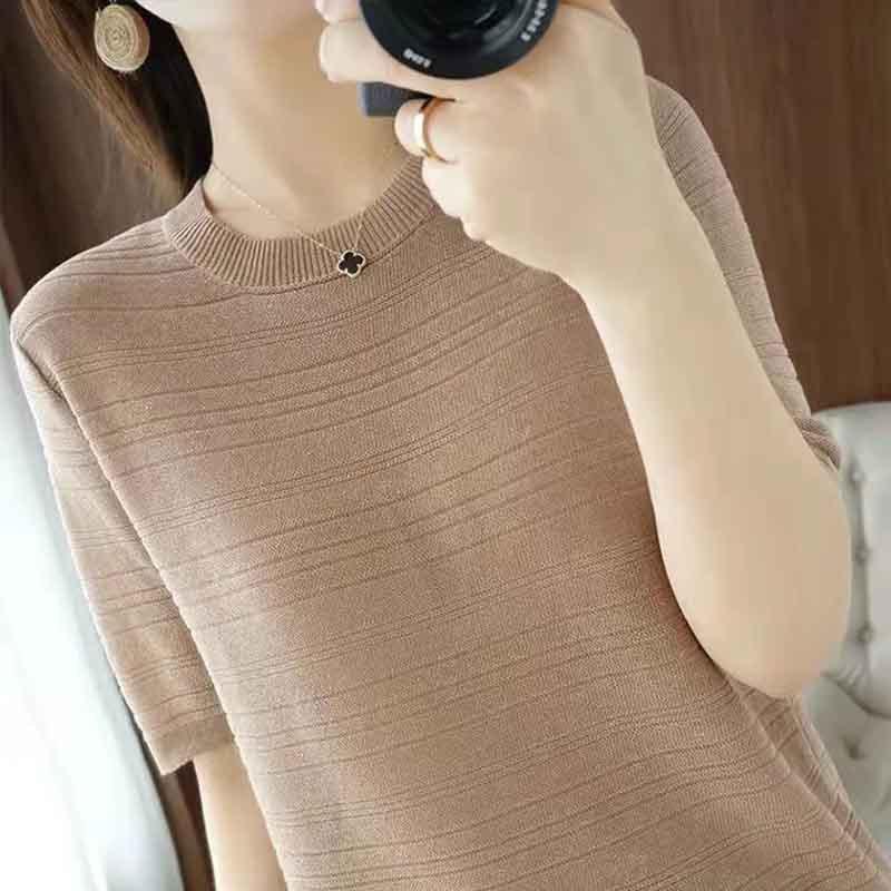 Women's Ice Silk Knitted T-shirt Summer Korean Edition Loose Loose Thin Short Sleeve Top