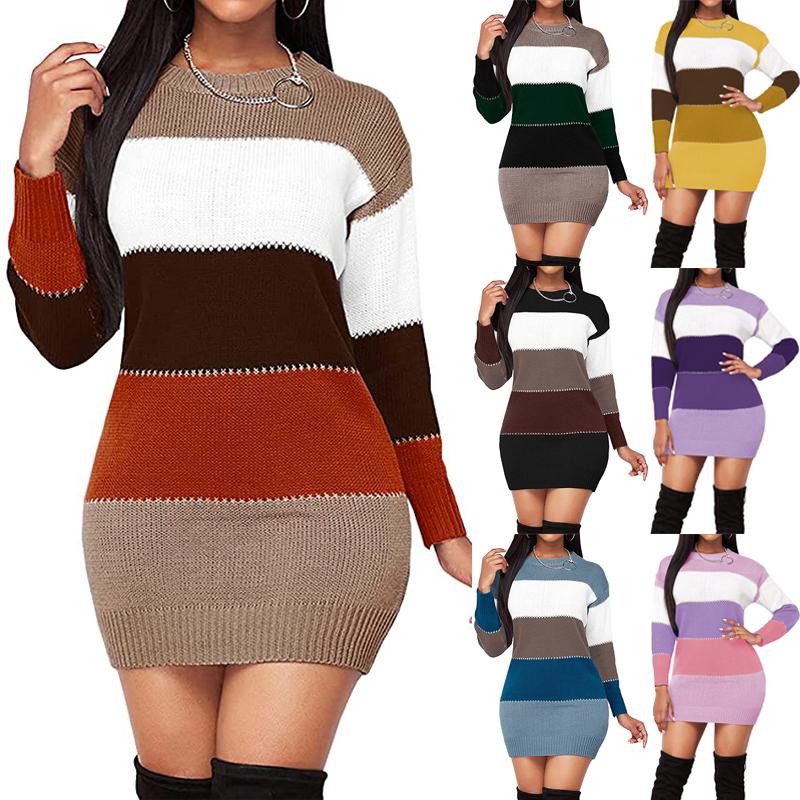 Buy Women's Color Block Mini Bodycon Sweater Dress Winter Casual Long