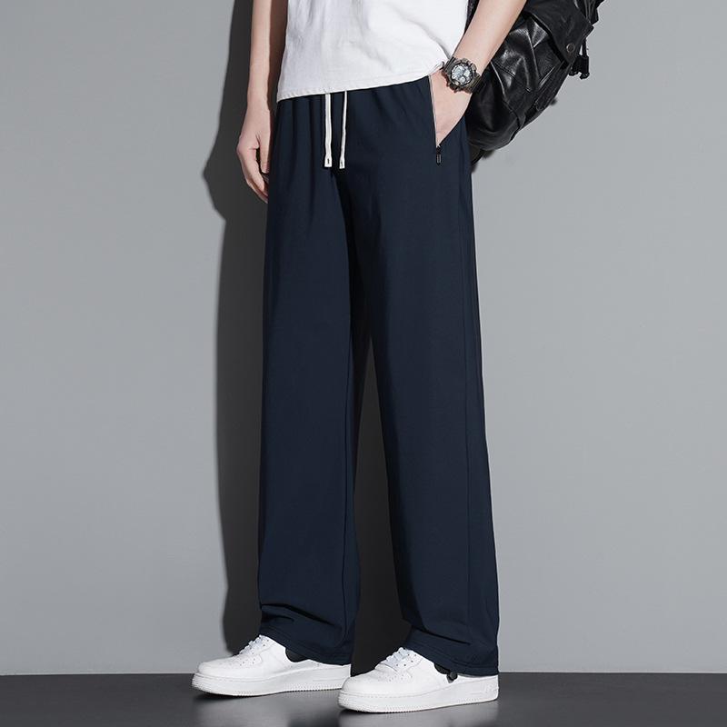 Extra dlouhé 120cm letní kalhoty z ledového hedvábí pro vysoké muže - Tenké s rovnými nohavicemi a 110cm plochou nohavicí se stahovací šňůrkou