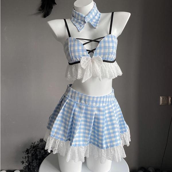 Women Schoolgirl Outfit Lace Hollow Out Backless Cosplay Costumes Student Uniform Sweet Sexy Lingerie Underwear Plaid Mini Skirt