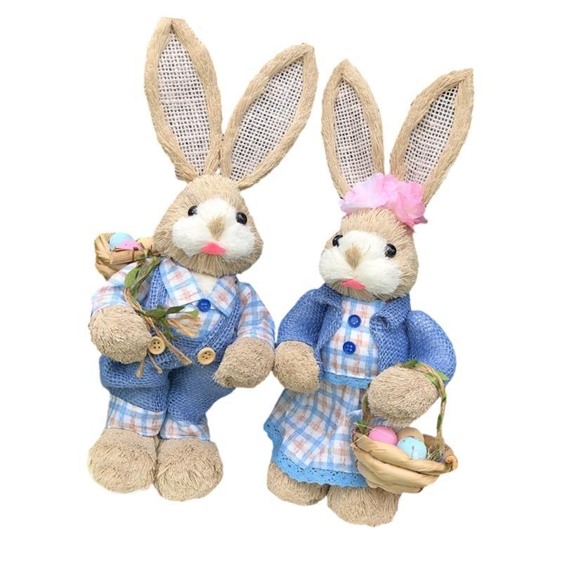 2pcs Easter Straw Rabbit Figurines Farmhouses Decorations Handcraft Straw Rabbit Sculptures For Festival Table Display