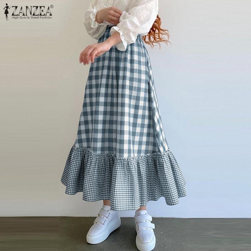 ZANZEA Falda Plaid Casual para Mujer con Cintura Elástica, Volantes y Corte Holgado en A