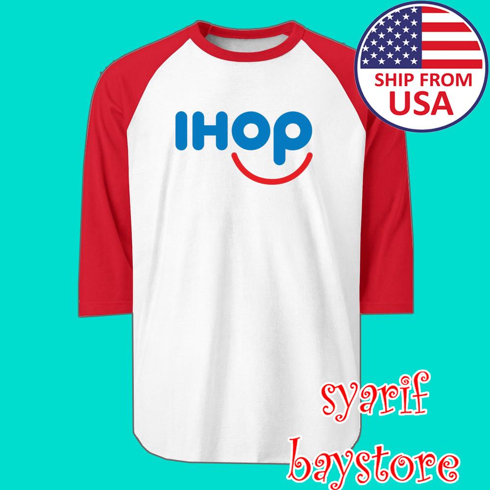 

IHOP International House Of Pancake Men#039;s Raglan White Red Size S to 2XL Unisex T-Shirt L