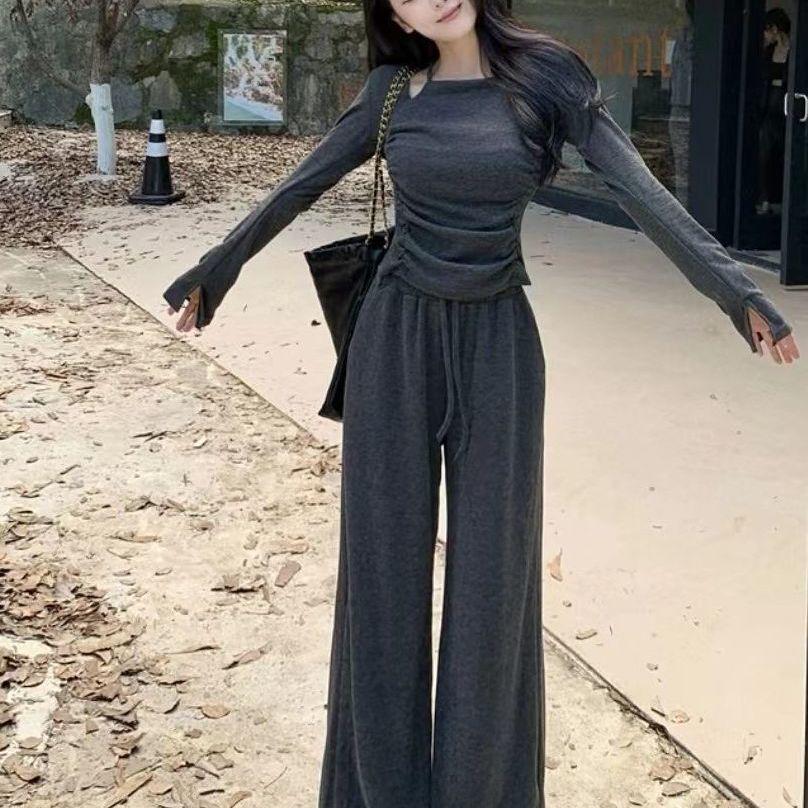 Elegant Early Autumn Women's Set: Spicy Long Sleeve T-shirt & High Waist Wide Leg Pants 