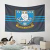 A White Owl On a Blue Shield with Text and Branch Details. Patterned Tapestry for Bedroom and Living Room Home Decor