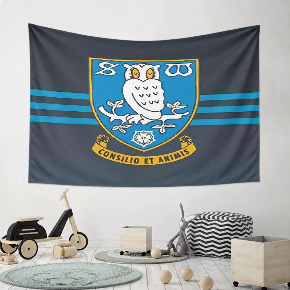 A White Owl On a Blue Shield with Text and Branch Details. Patterned Tapestry for Bedroom and Living Room Home Decor